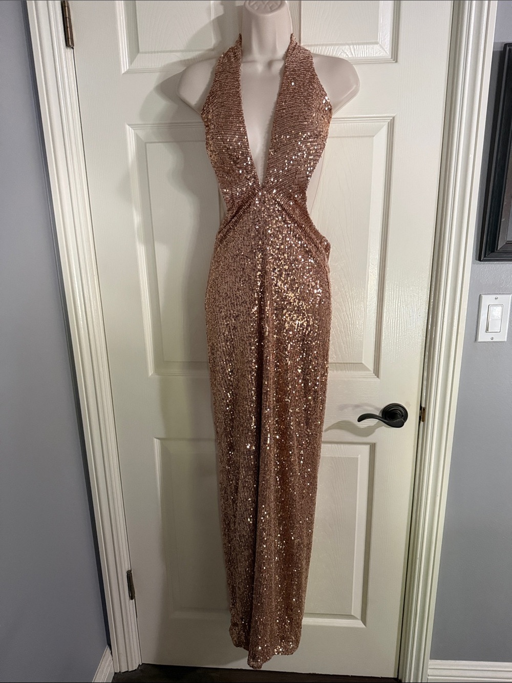 Ronny Kobo Collection Rose Gold Sequin Backless Halter Gown
